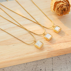 14K Gold Plated Stainless Steel Necklace Square White Jade Pendant Women's Jewelry - FASHIONKULTUR