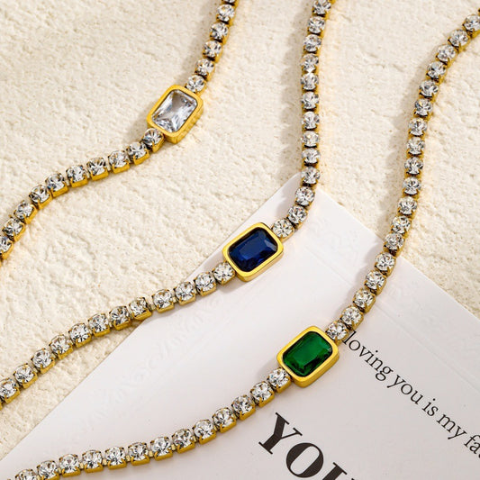 Tennis Zircon Light Luxury Emerald Stainless Steel Plated 18K Gold Necklace - FASHIONKULTUR