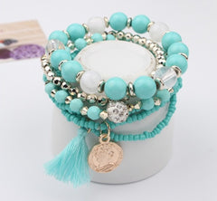 Bohemian head coin mixed color rice beads multi-layer bracelet tassel multi-layer elastic bracelet