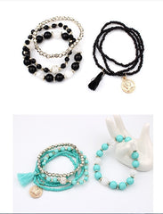 Bohemian head coin mixed color rice beads multi-layer bracelet tassel multi-layer elastic bracelet