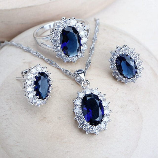 Silver 925 Women Bridal Jewelry Sets Blue Zirconia Costume - FASHIONKULTUR