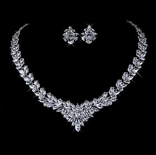 Zircon Flower Stud Necklace Set - FASHIONKULTUR