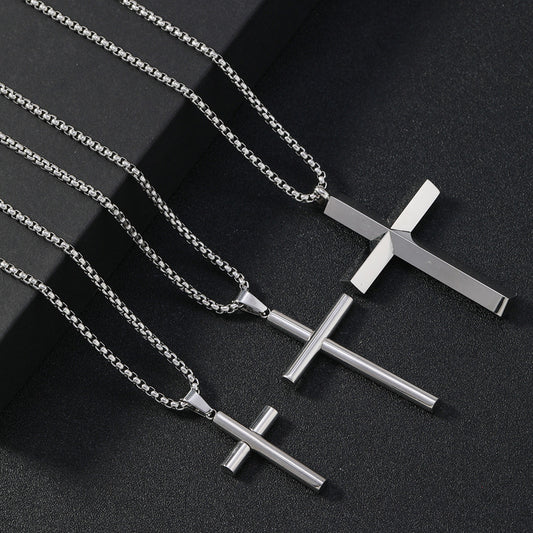 Round Large Beveled Cross Necklace Titanium Steel Men