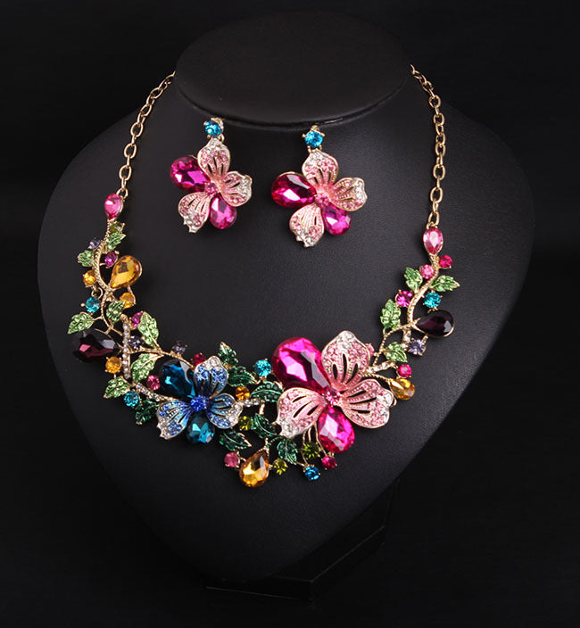 Europe and America luxury color flower crystal drill short clavicle Necklace Earrings Set women bride dinner dress ornaments - FASHIONKULTUR