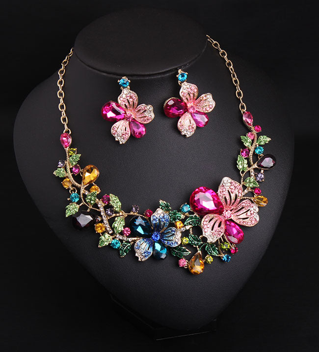 Europe and America luxury color flower crystal drill short clavicle Necklace Earrings Set women bride dinner dress ornaments - FASHIONKULTUR