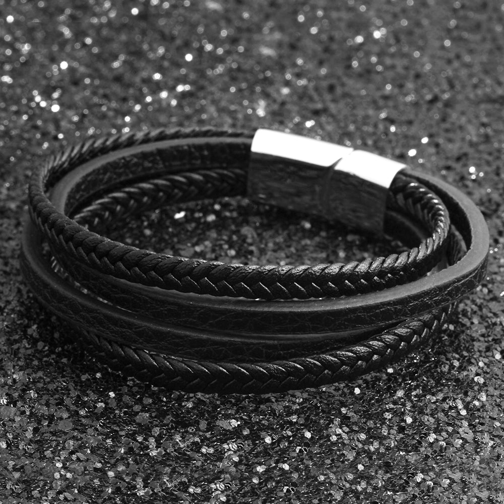 Bracelets & Bangles Men Stainless Steel Leather Bracelets Braided Rope Magnetic Clasp Male Bangles Jewelry New - FASHIONKULTUR