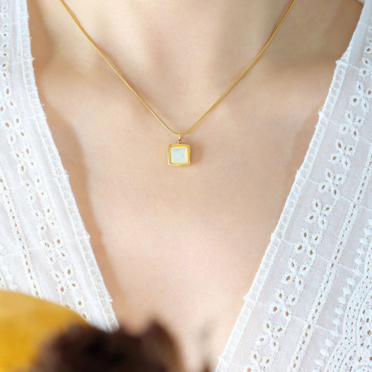 14K Gold Plated Stainless Steel Necklace Square White Jade Pendant Women's Jewelry - FASHIONKULTUR