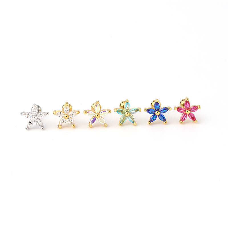 Colorful Zircon Daisy Flower Ear Bone Nail Stainless Steel Thin Rod Puncture Screw Ball - FASHIONKULTUR