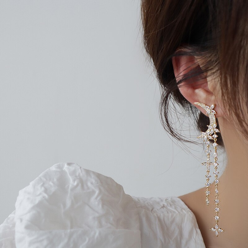 Super Sparkling Zircon Moon Tassel Earrings - FASHIONKULTUR