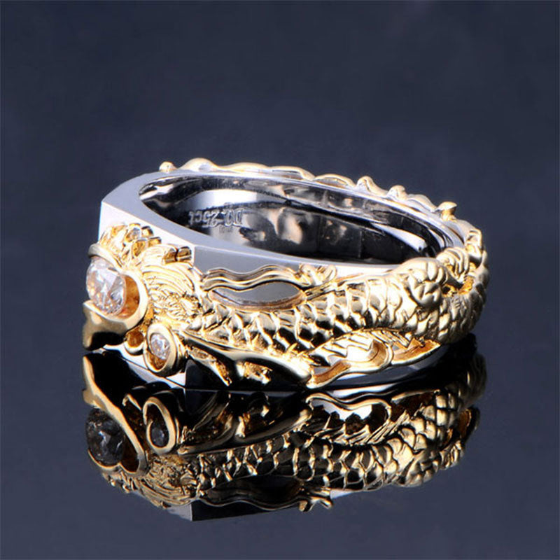 New Men's Domineering Dragon Pattern Two-color Zircon Rhinestone Ring Fashion Punk Hip Hop - FASHIONKULTUR