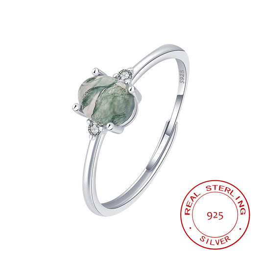 S925 Silver Green Moss Ring Water Plants Agate Female Finger Ring - FASHIONKULTUR