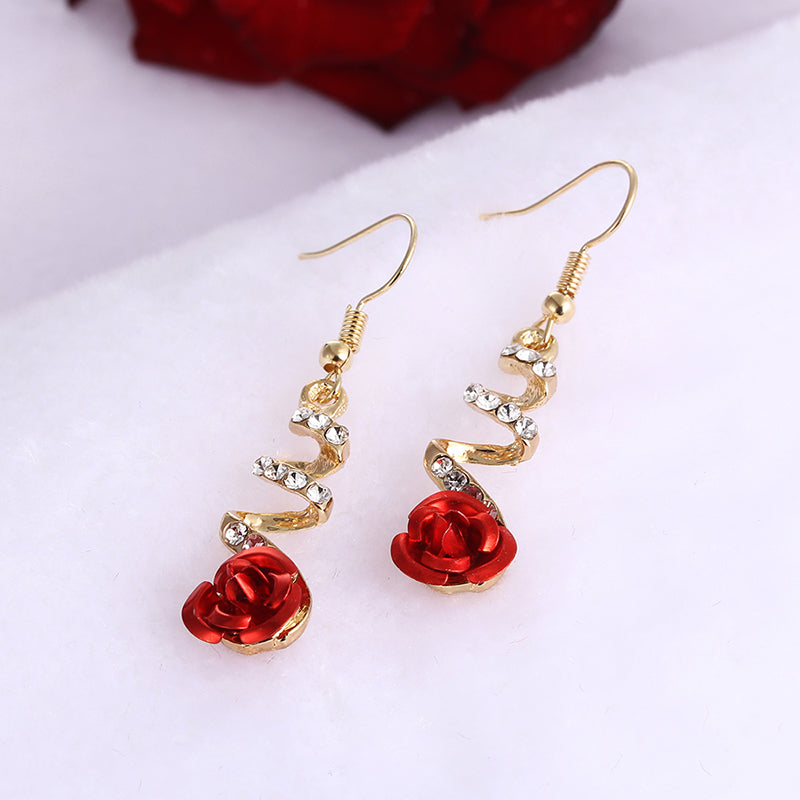 Fashion Jewelry Ethnic Red Rose Drop Earrings Big Rhinestone Earrings Vintage For Women Rose Gold Spiral Dangle Earring - FASHIONKULTUR