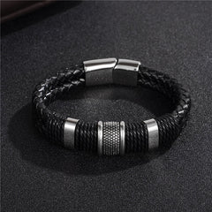 Fashion Black Braid Woven Leather Bracelet Titanium Stainless Steel Bracelet Men Bangle Men Jewelry Vintage Gift - FASHIONKULTUR