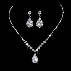 Full Rhinestone Zircon Water Drop Necklace Earrings Jewelry Set - FASHIONKULTUR