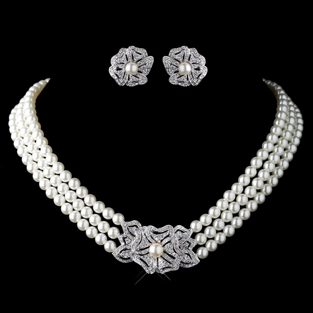 Pearl Rhinestone Necklace Earrings Jewelry Set - FASHIONKULTUR