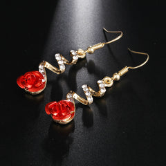 Fashion Jewelry Ethnic Red Rose Drop Earrings Big Rhinestone Earrings Vintage For Women Rose Gold Spiral Dangle Earring - FASHIONKULTUR