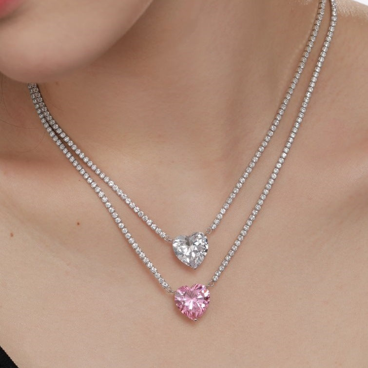 Women's Fashion Sterling Silver Peach Heart Pendant Necklace With Diamonds - FASHIONKULTUR