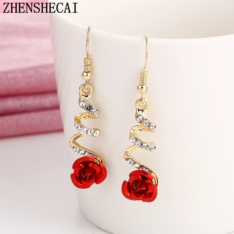 Fashion Jewelry Ethnic Red Rose Drop Earrings Big Rhinestone Earrings Vintage For Women Rose Gold Spiral Dangle Earring - FASHIONKULTUR