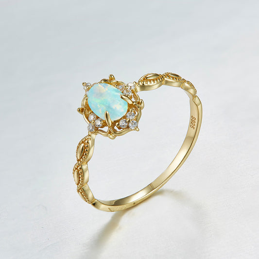 Japanese natural opal jewelry light Dan shape 925 Silver Ring female Jeweled 10K gold plated Vintage Jewelry - FASHIONKULTUR