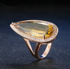 Natural citrine stone luxury waterdrop 925 sterling silver ring fine jewelry for women rose - FASHIONKULTUR