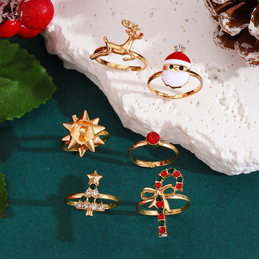 6pcs Santa Claus Christmas Tree Elk Rings Cute Cartoon Christmas Open Adjustable Ring Oil Drop Jewelry