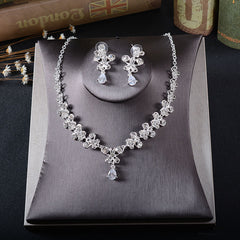 TL216 White Rhinestone Necklace Earrings Set Zircon Butterfly Pendant Earrings Pierced Drop Bride Two Piece - FASHIONKULTUR