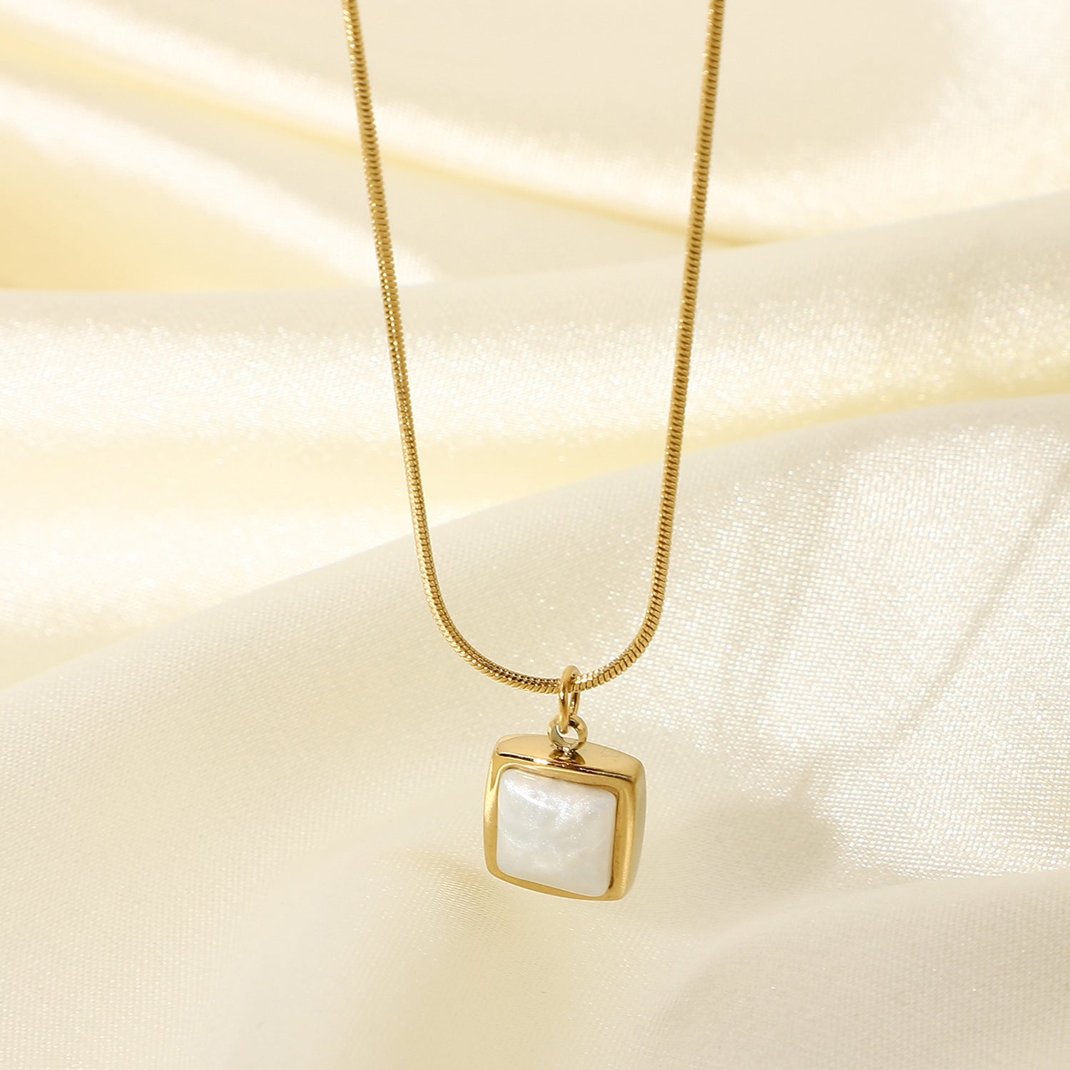 14K Gold Plated Stainless Steel Necklace Square White Jade Pendant Women's Jewelry - FASHIONKULTUR