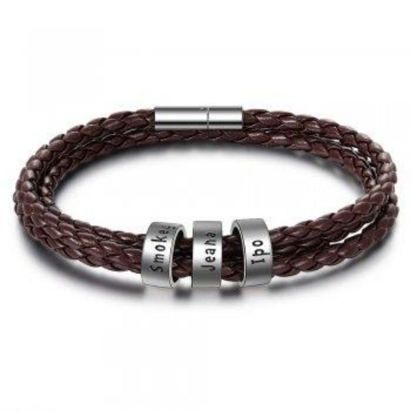 Personalized Mens Braided Genuine Leather Bracelet Stainless Steel Custom Beads Name Charm Bracelet For Men With Family Names - FASHIONKULTUR