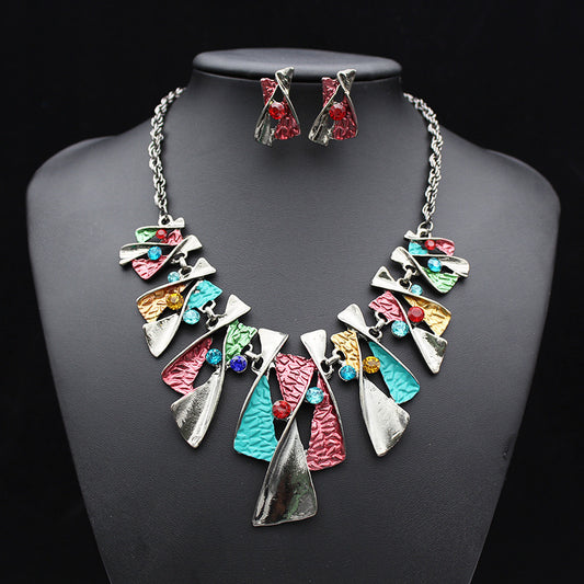 The big European and American fashion color alloy diamond necklace earrings set bride jewelry factory direct - FASHIONKULTUR