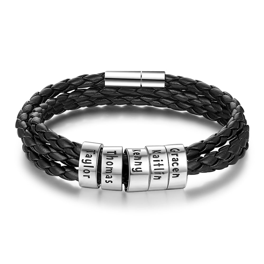 Personalized Mens Braided Genuine Leather Bracelet Stainless Steel Custom Beads Name Charm Bracelet For Men With Family Names - FASHIONKULTUR