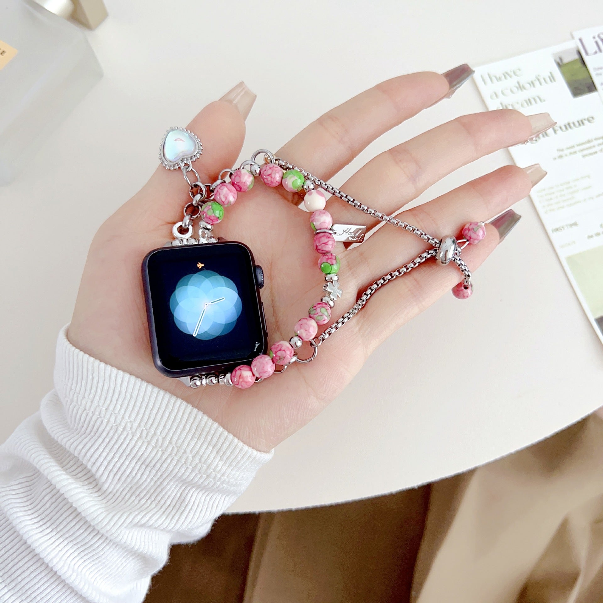 Laser Colorful Love Painted Bead Necklace Shoushan Stone Girls Bracelet Watch Strap - FASHIONKULTUR