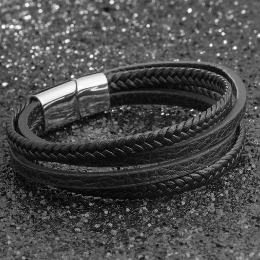 Bracelets & Bangles Men Stainless Steel Leather Bracelets Braided Rope Magnetic Clasp Male Bangles Jewelry New - FASHIONKULTUR