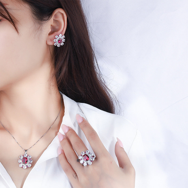 S925 Silver Jewelry Set Imitated Pigeon Blood Red Treasure Flower-shaped Ring Earring Pendant Three-piece Set - FASHIONKULTUR