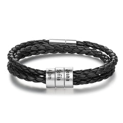 Personalized Mens Braided Genuine Leather Bracelet Stainless Steel Custom Beads Name Charm Bracelet For Men With Family Names - FASHIONKULTUR