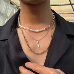 Ancient Geometric Pendant Necklace for Men with Half-Pearl Chain Choker