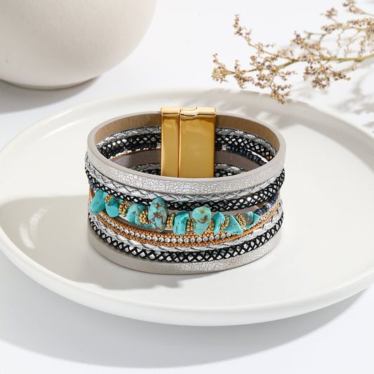 Irregular Turquoise Design Wide-brimmed Leather Bracelet Creative Rhinestone-encrusted