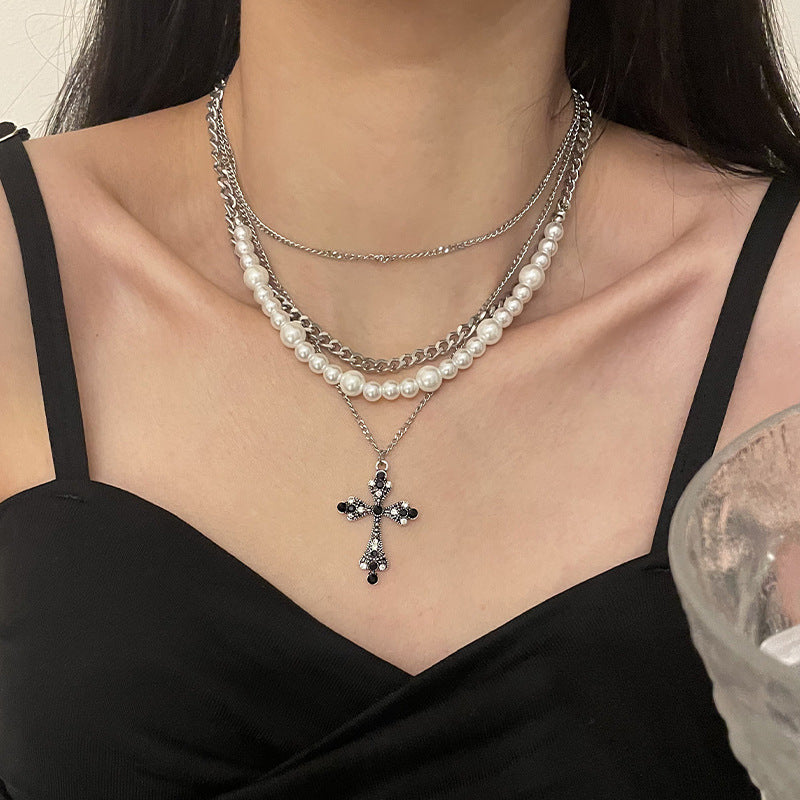 Fashion Personalized Multi-Layered Pearl Cross Pendant Necklace Clavicle Chain For Women Temperament Jewelry Accessories Gifts - FASHIONKULTUR