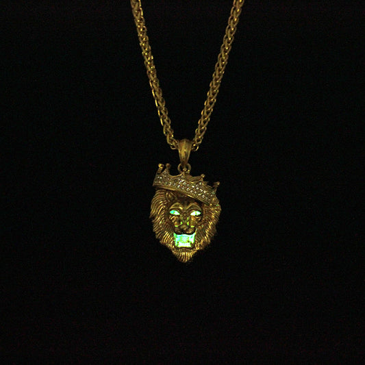 Europe and the United States selling diamond crown lion hip-hop luminous necklaces men Unisex gold-plated hiphop luminous Pendant - FASHIONKULTUR