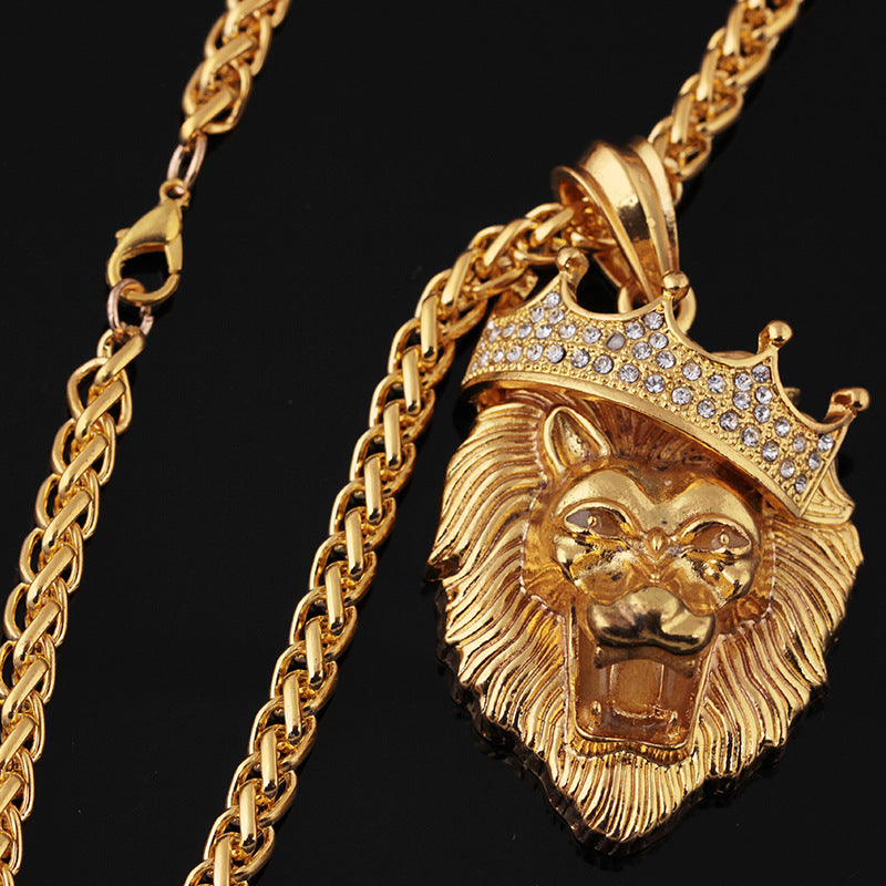 Europe and the United States selling diamond crown lion hip-hop luminous necklaces men Unisex gold-plated hiphop luminous Pendant - FASHIONKULTUR