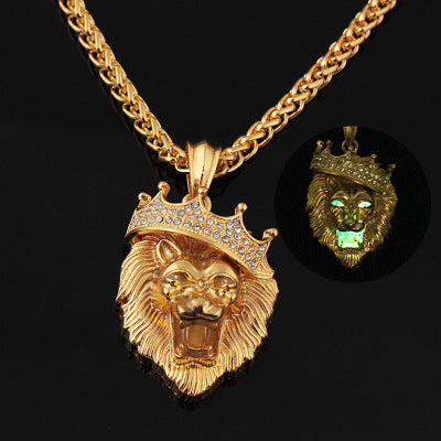 Europe and the United States selling diamond crown lion hip-hop luminous necklaces men Unisex gold-plated hiphop luminous Pendant - FASHIONKULTUR