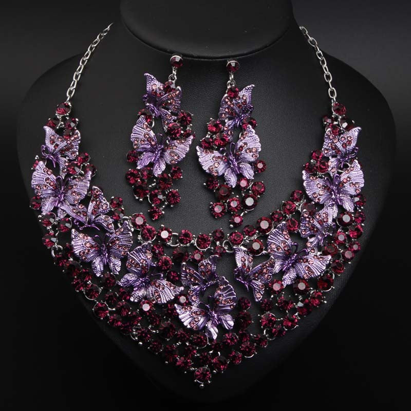 Butterfly Painting Oil Diamond Necklace And Earring Set - FASHIONKULTUR