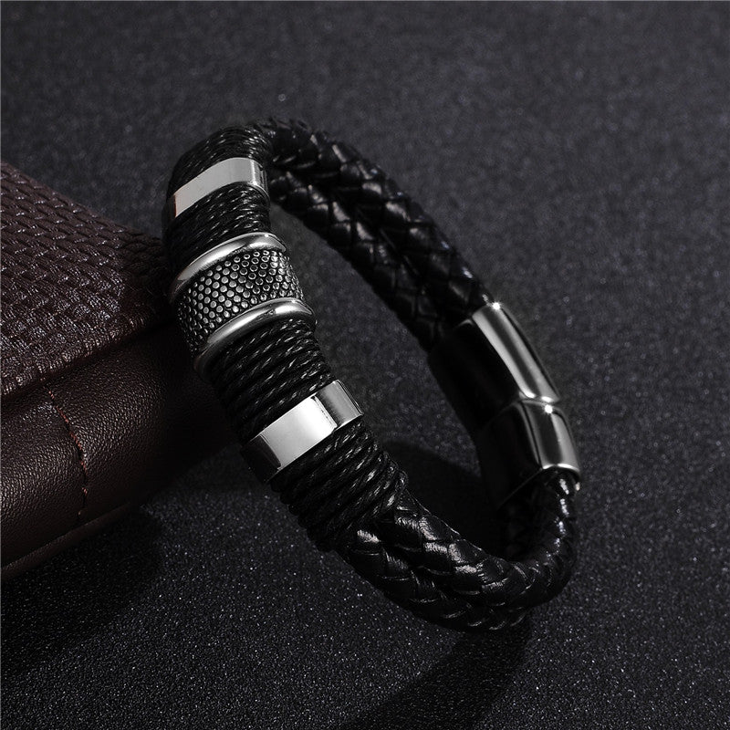 Fashion Black Braid Woven Leather Bracelet Titanium Stainless Steel Bracelet Men Bangle Men Jewelry Vintage Gift - FASHIONKULTUR