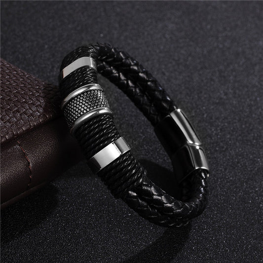 Fashion Black Braid Woven Leather Bracelet Titanium Stainless Steel Bracelet Men Bangle Men Jewelry Vintage Gift - FASHIONKULTUR