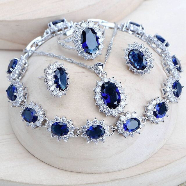 Silver 925 Women Bridal Jewelry Sets Blue Zirconia Costume - FASHIONKULTUR