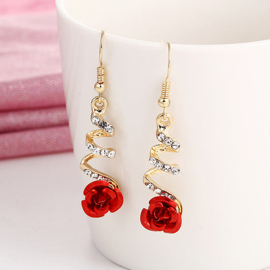 Fashion Jewelry Ethnic Red Rose Drop Earrings Big Rhinestone Earrings Vintage For Women Rose Gold Spiral Dangle Earring - FASHIONKULTUR