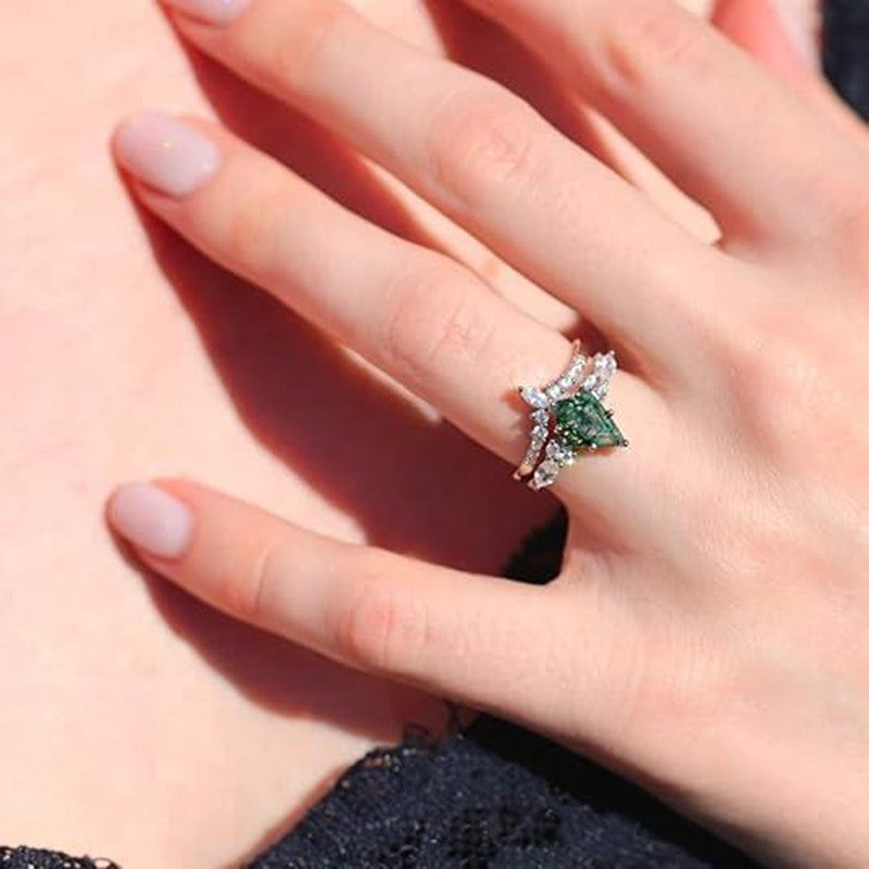 2pcs Fashion Rings Natural Green Moss Stone Agate Ring For Women Personalized Jewelry - FASHIONKULTUR