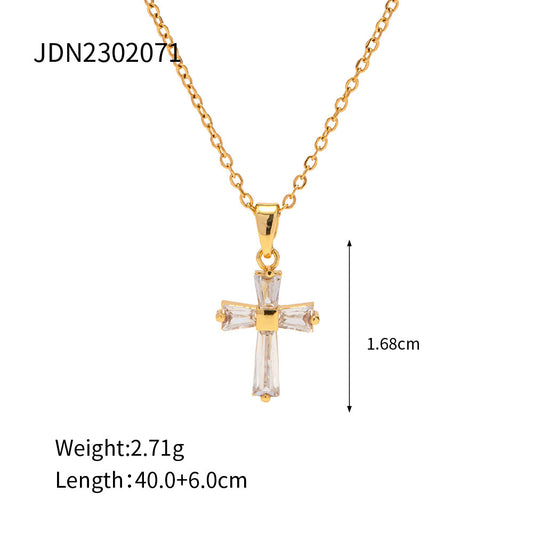 European And American Ins Style 18K Gold Stainless Steel Inlaid White Zircon Square Geometric Pendant Necklace