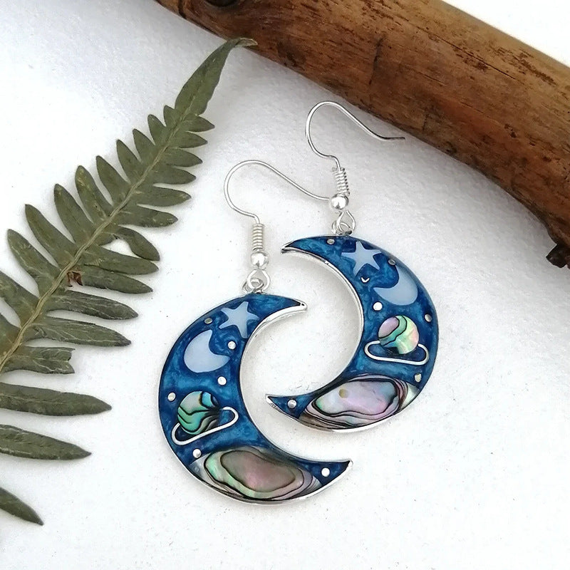 Female Retro Crescent Blue Sky Planet Earrings - FASHIONKULTUR