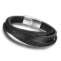 Bracelets & Bangles Men Stainless Steel Leather Bracelets Braided Rope Magnetic Clasp Male Bangles Jewelry New - FASHIONKULTUR