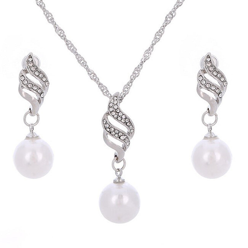 Simple Pearl Diamond Hemp Flowers Chain Earrings Necklace Jewelry Set - FASHIONKULTUR